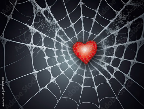 Red heart got caught in spider web on blurred dark background, captivity feeling of love concept, human feelings in blind love. Red heart love symbol in trapped in white spider web, generative AI photo