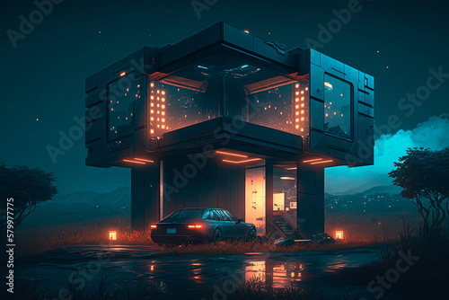 A futuristic house in the middle of the night landscape. Generative AI