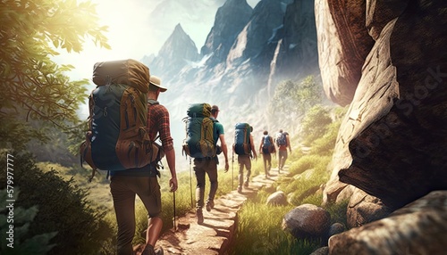Trekking group of tourists with backpacks on mountain footpath, beautiful sunlight above nature landscape, wandering nomads wanderlust hiking concept, generative AI photo