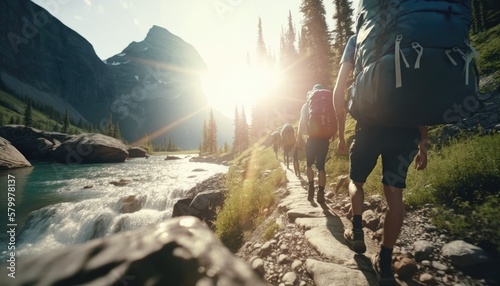 Trekking group of tourists with backpacks on mountain footpath among river forest, beautiful sunlight above nature landscape, wandering nomads wanderlust hiking concept, generative AI photo