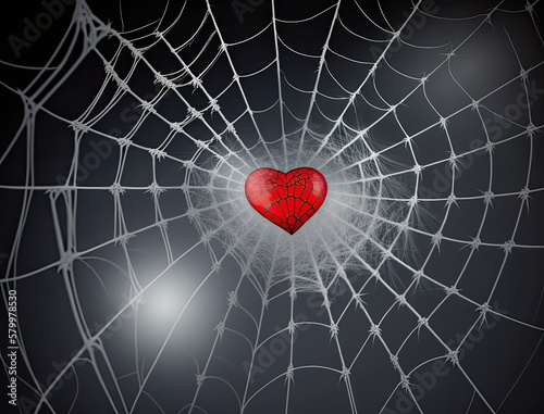 Red heart got caught in spider web on blurred dark background, captivity feeling of love concept, human feelings in blind love. Red heart love symbol in trapped in white spider web, generative AI photo