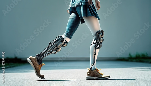 Female legs prosthesis close up walking outdoor in city park, disabled woman amputee wearing robotic prosthesis legs, modern limbless technology, girl with lower extremity prosthesis, generative AI photo