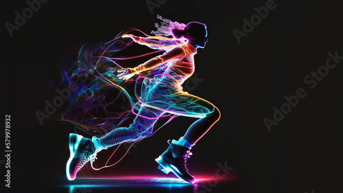 Canvas Print Figure ice skating female silhouette neon glowing, impetuous neon girl shape ice skating, beautiful sport image on solid black background