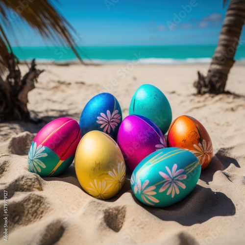 colorful painted easter eggs on paradise beach, generative ai