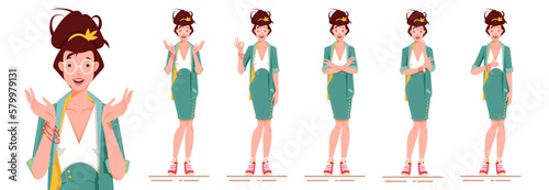 Elegant young business woman in different poses set, wearing sneakers . Various gestures excited, thinking, standing with crossed hands, showing thumb up and ok sign isolated vector illustration (ID: 579979131)