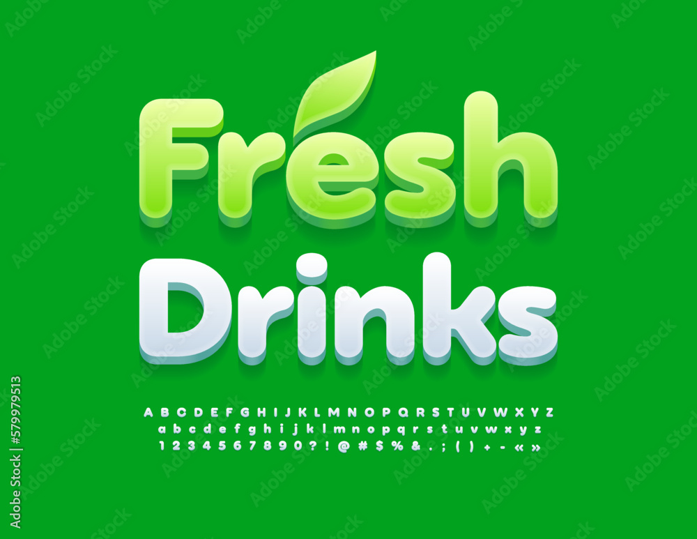Naklejka premium Vector modern Sign Fresh Drink. 3D White Font. Creative Alphabet Letters and Numbers