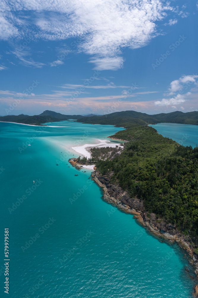 Aerial view of beautiful Whitehaven Beach and Hill Inlet  in the Whitsundays