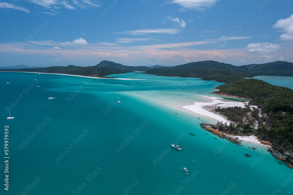 Aerial view of beautiful Whitehaven Beach and Hill Inlet  in the Whitsundays