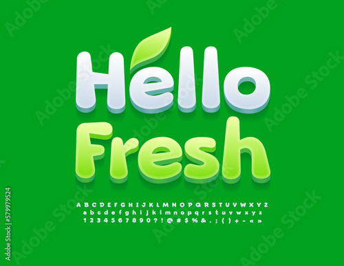  Vector template poster Hello Fresh with decorative Leaf. Funny White Font. Cute Alphabet Letters, Numbers and Symbols set