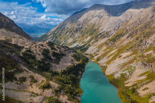 Summer Landscape beautiful mountains Poperechnoye Multinskoye lake, Altai travel Aerial top view