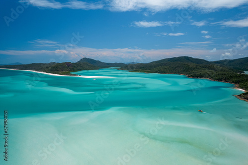 Aerial view of beautiful Whitehaven Beach and Hill Inlet in the Whitsundays