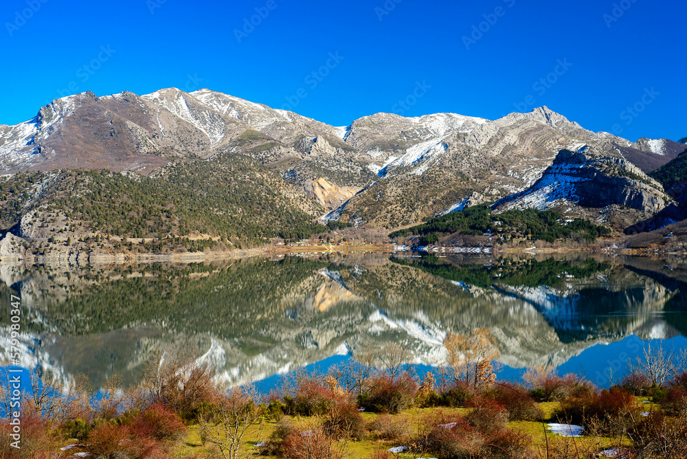 Reflections of the mountains in the water in the Picos de Europa