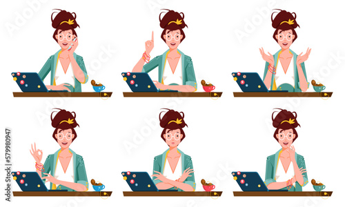 A young female student wearing glasses, sitting at a computer with a cup of tea, in various poses, wearing an elegant jacket. Different gestures, excited, I have an idea, ok sign, arms crossed