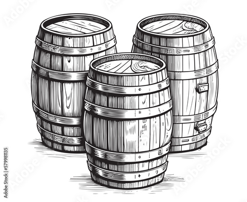 Wooden barrels three hand drawn sketch illustration, Winemaking