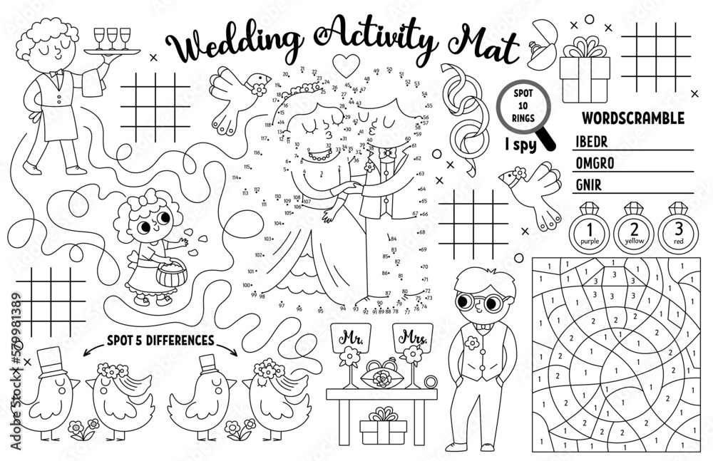 Vector wedding placemat for kids. Marriage ceremony printable activity mat  with maze, tic tac toe charts, connect the dot, find difference. Bridal  shower black and white play mat, coloring page Stock Vector