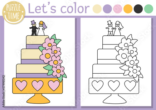 Coloring page for children with cute wedding cake decorated with flowers, bride and groom. Vector marriage ceremony color book for kids with colored example. Drawing skills printable worksheet.