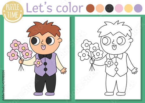 Wedding coloring page for children with cute boy in smart suit giving flowers. Vector marriage ceremony color book for kids with colored example. Drawing skills printable worksheet.