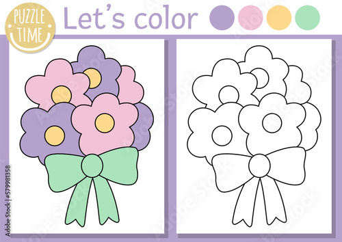 Coloring page for children with cute wedding or spring bouquet. Vector marriage ceremony color book for kids with flower arrangement and colored example. Drawing skills printable worksheet.