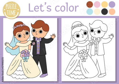 Wedding coloring page for children with cute just married couple. Vector marriage ceremony color book for kids with bride, groom and colored example. Drawing skills printable worksheet.
