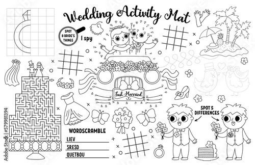 Vector wedding placemat for kids. Marriage ceremony printable activity mat with maze, tic tac toe charts, connect the dot, find difference. Bridal shower black and white play mat, coloring page.