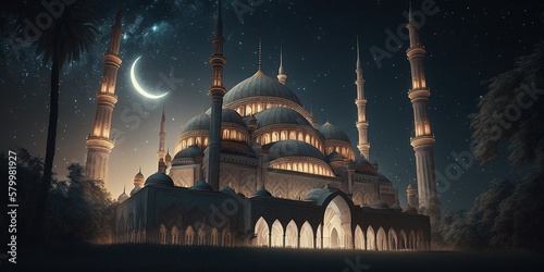 beautiful mosque behind starry night, ramadan festive, islamic festive, Generative AI