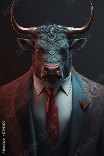 portrait of buffalo in human clothes on dark background © Siarhei