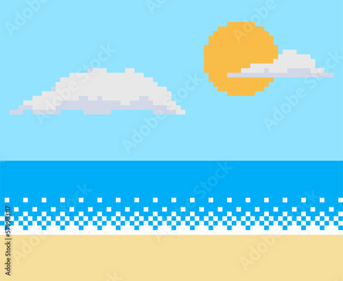 Pixel art seascape with the shore of the ocean. Vector illustration.