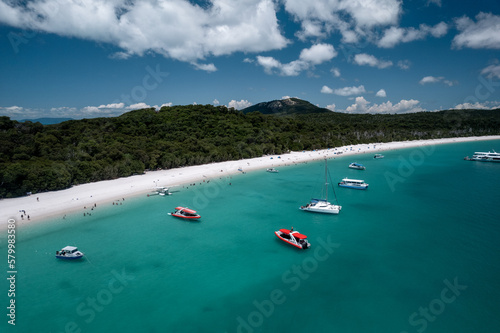 Aerial view of Whitehaven Beach with boats photo