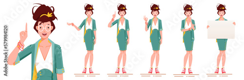 Elegant young schoolgirl standing in different poses with glasses on her face. Various gestures, I have an idea, excited, thinking, ok sign, holding a blackboard with space for inscription, isolated v (ID: 579984120)