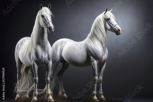 Beautiful pair of white horses, illustration generative ai