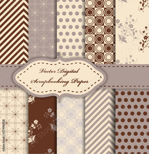 10 different vector seamless patterns tiling . Beige and brown color. Endless texture can be used for printing on fabric and paper. Shape of lines, flower and dot