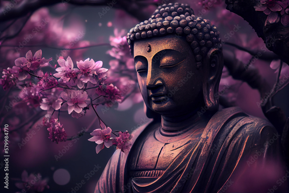 Buddha statue with cherry blossom. generative ai. 