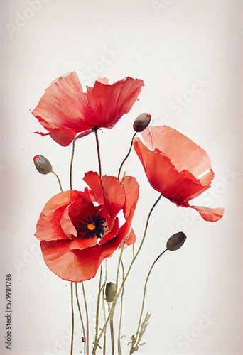  red poppies, watercolor style generative AI