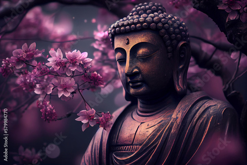 Buddha statue with cherry blossom. generative ai. 