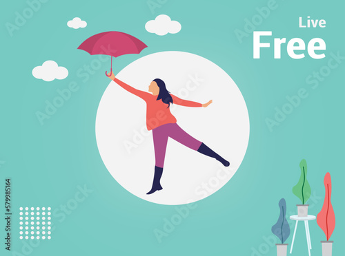 girl with umbrella flying in the air among clouds live free concept vector flat illustration 