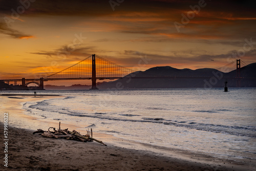 Golden Gate Bridge during sunset seen​ from Crissy Field East Beach, San Francisco