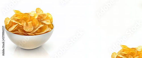 Bowl of tasty ridged potato chips on white background. Made with Generative ai