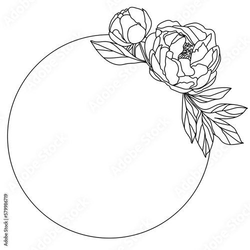 Round frame with peony isolated on a white background. Line art flower frame.