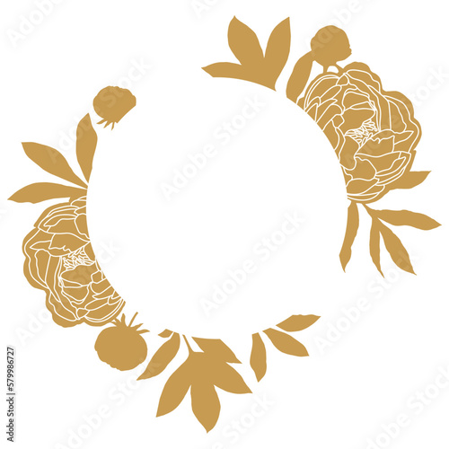 Round frame with gold peony silhuette isolated on a white background.