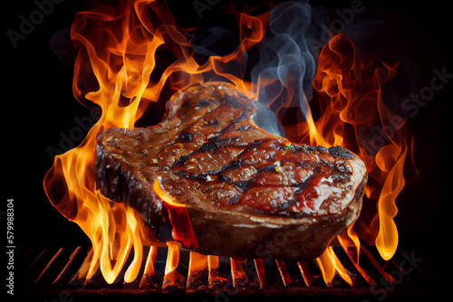 Juicy grilled meat. Grilling Steak on a Fire Grill. generative ai