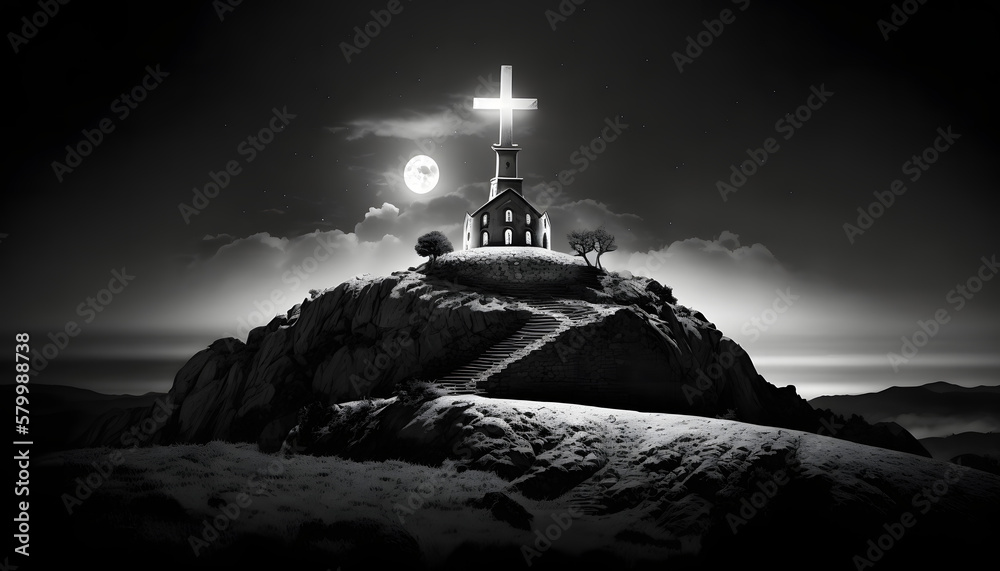 croix chrétienne en haut d'une colline, généré par IA
