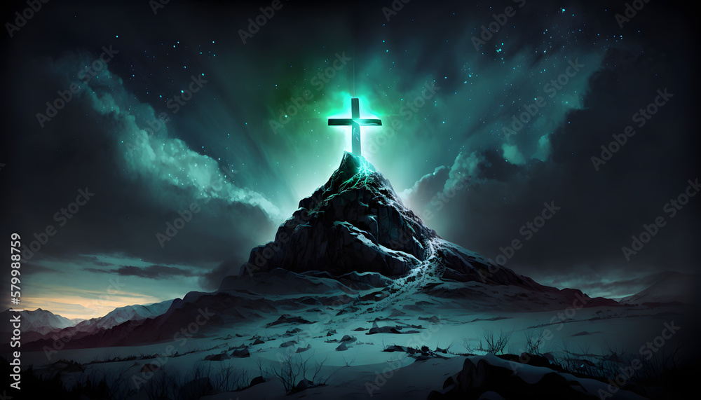 croix chrétienne en haut d'une colline sous les aurores boréales, généré par IA