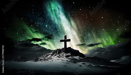 croix chrétienne en haut d'une colline sous les aurores boréales, généré par IA photo