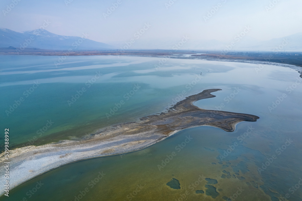 Van Lake landscape in Van, Turkey. Beautiful like view with drone shot. Lake Van is the largest lake in Turkey.