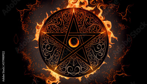 Black mass montage of occult Satanic pentagram materialising against a grunge texture background of alchemy symbols.