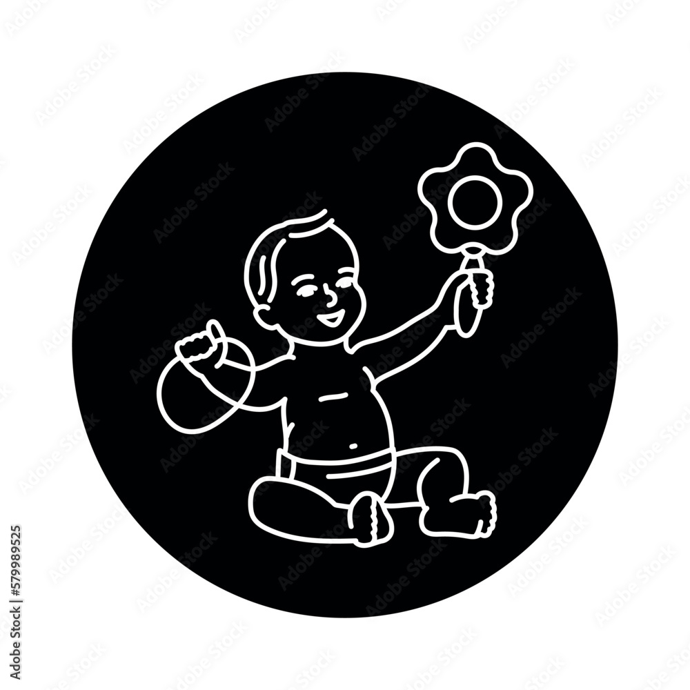 The child is sitting and playing with toys black line icon.  Toddler development.
