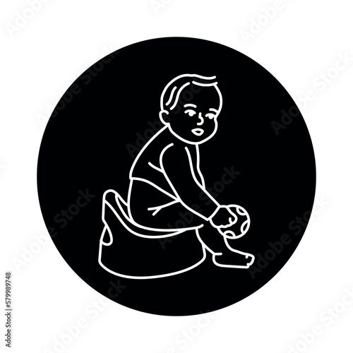 Child on the potty black line icon. Toddler development.