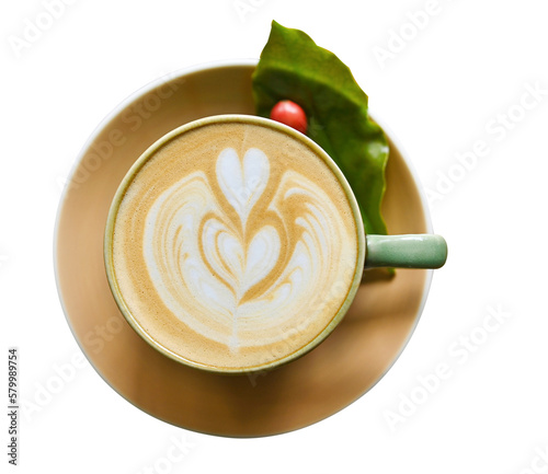 Hot coffee latte art heart shape  foam in ceramic  cup and coffee leafe and seed on transparent.