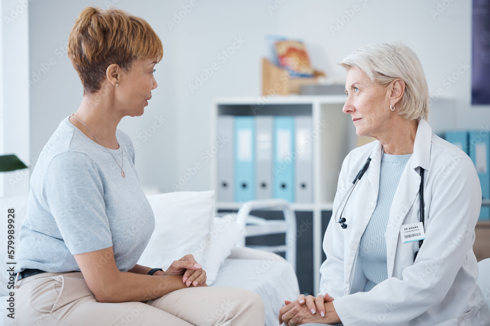 Fototapeta premium Doctor consulting woman patient for healthcare, clinic services and advice for wellness, therapy and results. Medical worker talking to client for help, surgery support and professional consultation