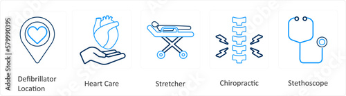 A set of 6 Medical icons as defibrillator location, heart care, stretcher